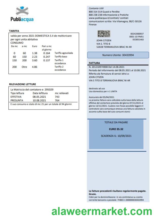 Italy Publiacqua utility bill template in Word and PDF format